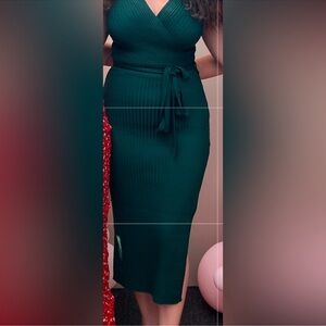 Petal & Pup Dark Green Ribbed Wrap Midi Dress